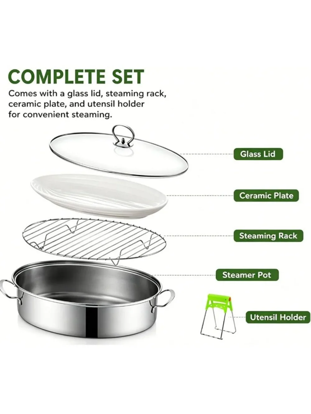 Multi-Use Stainless Steel Fish Steamer Set with Glass Lid & Ceramic Plate